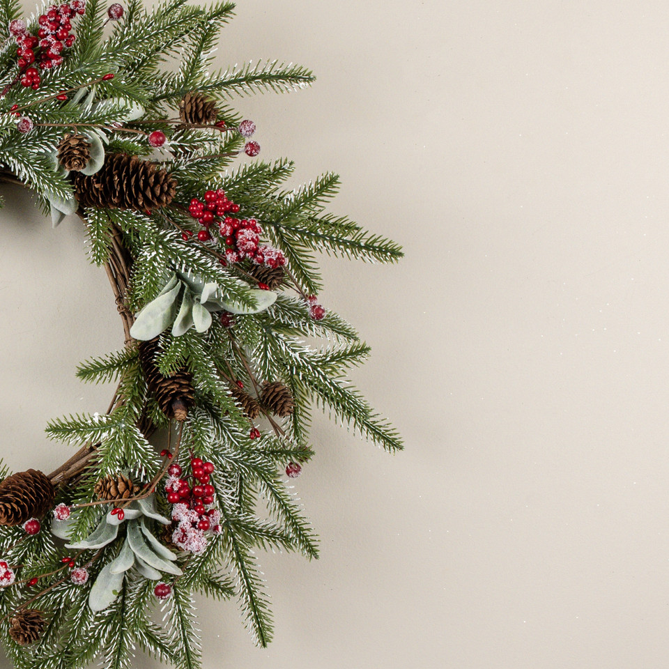 24" SNOWY PINE, LAMB'S EAR & RED BERRY WREATH