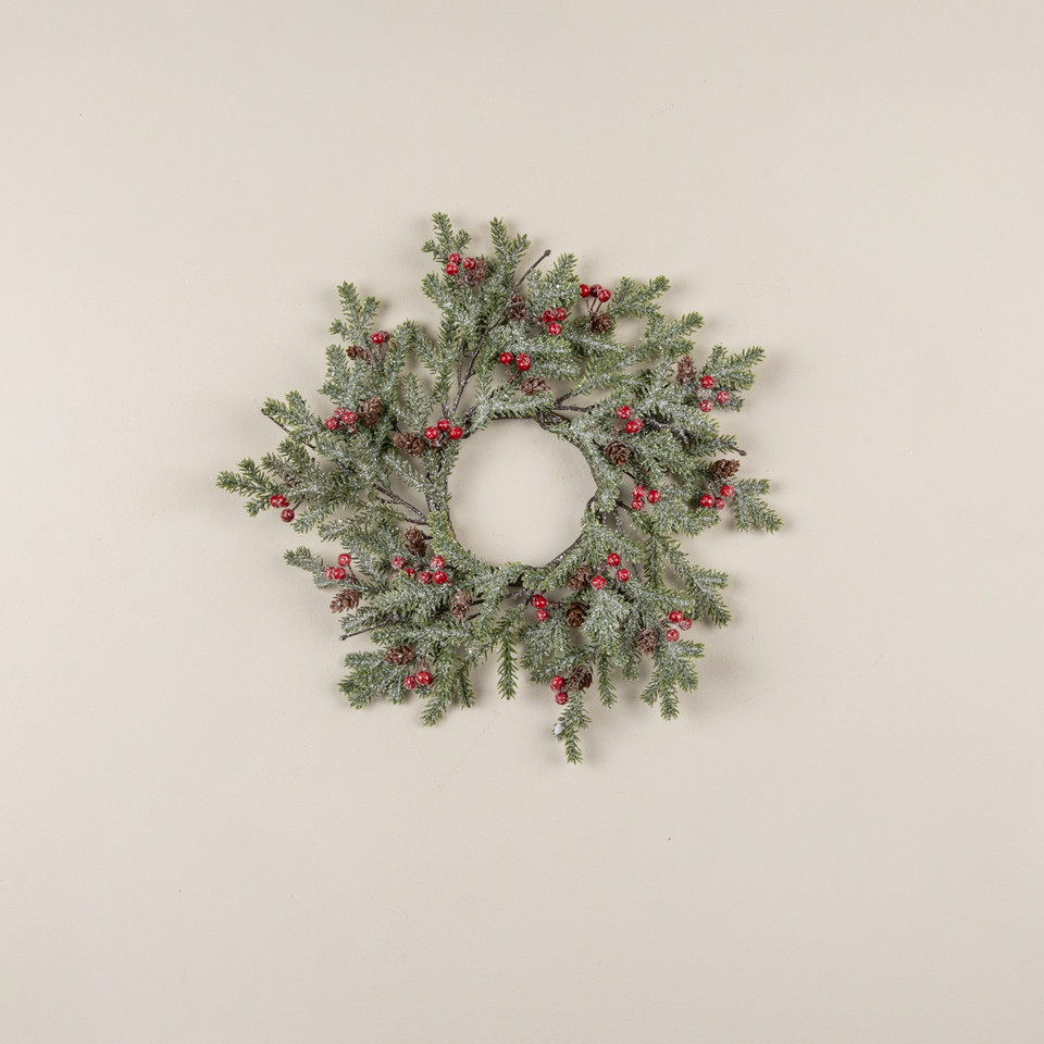 14" ICY PINE W/ BERRIES & PINECONES CANDLE RING