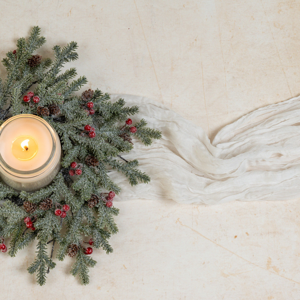 14" ICY PINE W/ BERRIES & PINECONES CANDLE RING