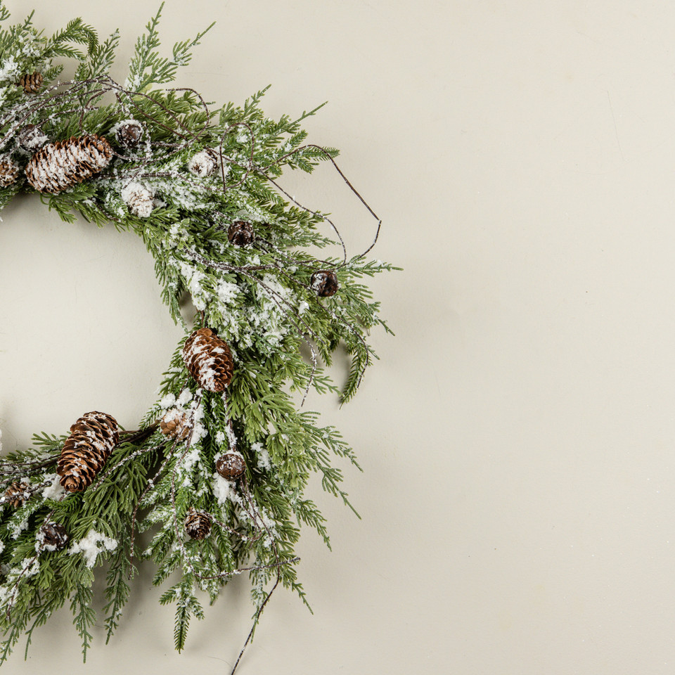 22" SNOWY PINE, BELLS & PINECONES WREATH