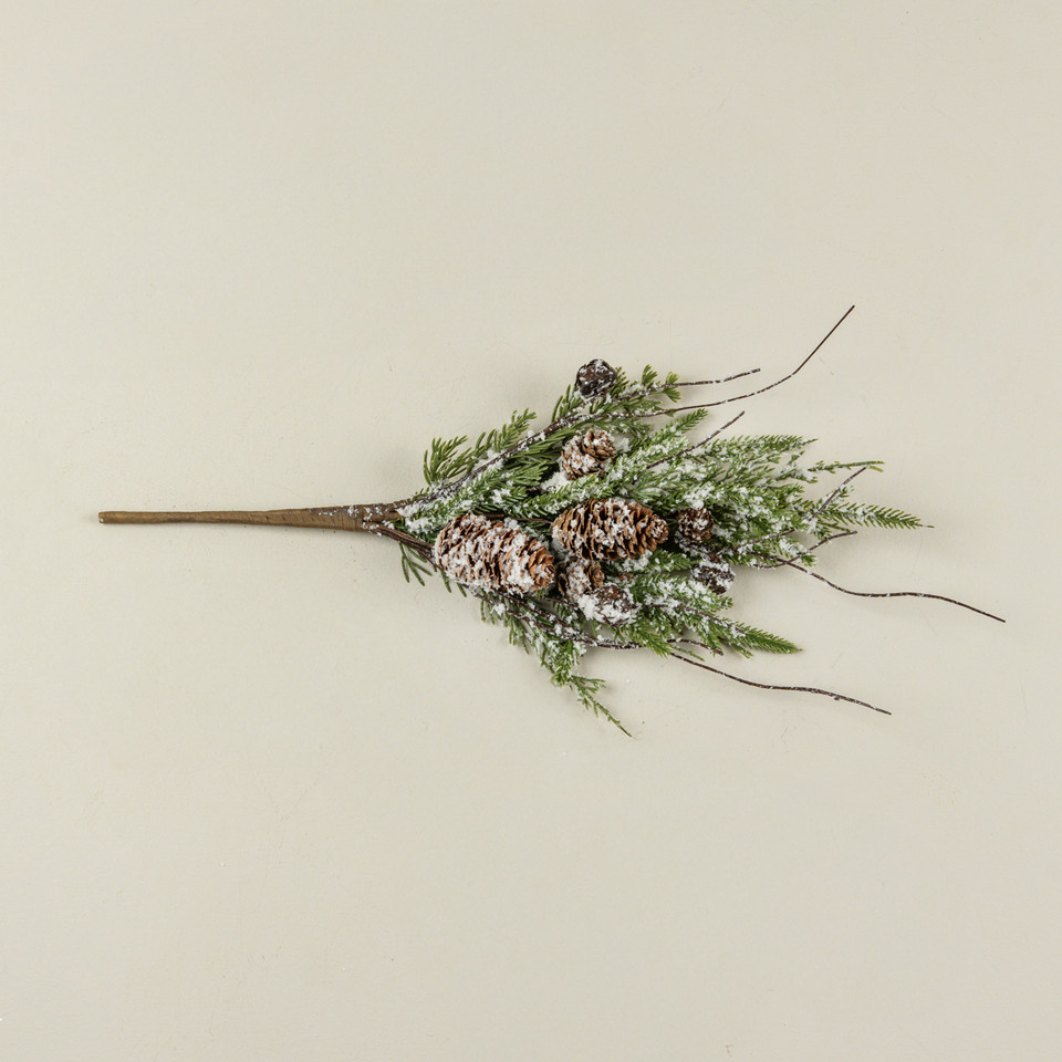 18" SNOWY PINE, BELLS & PINECONES PICK