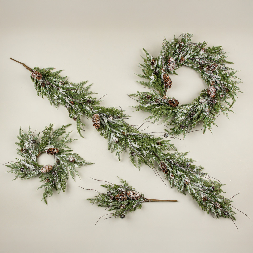 16" SNOWY PINE, BELLS & PINECONES CANDLE RING