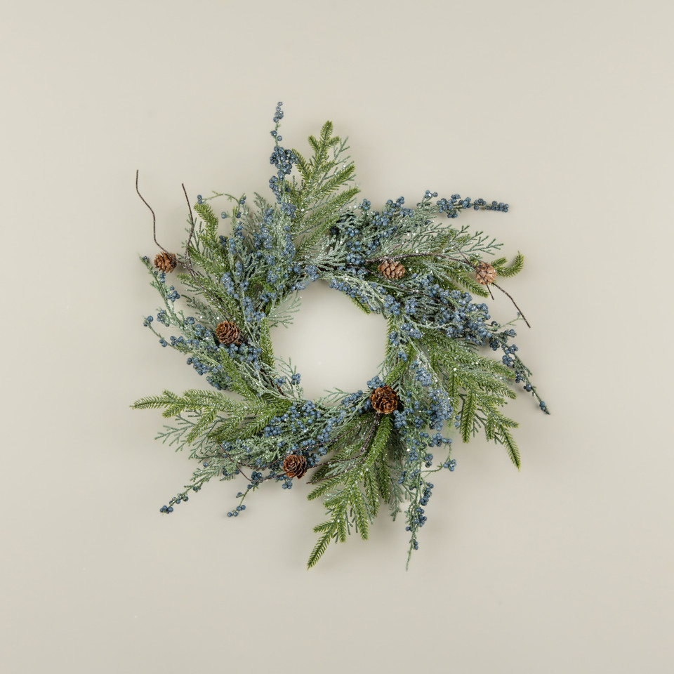 18" GLITTERED CEDAR W/ BERRIES & PINECONE CANDLE RING