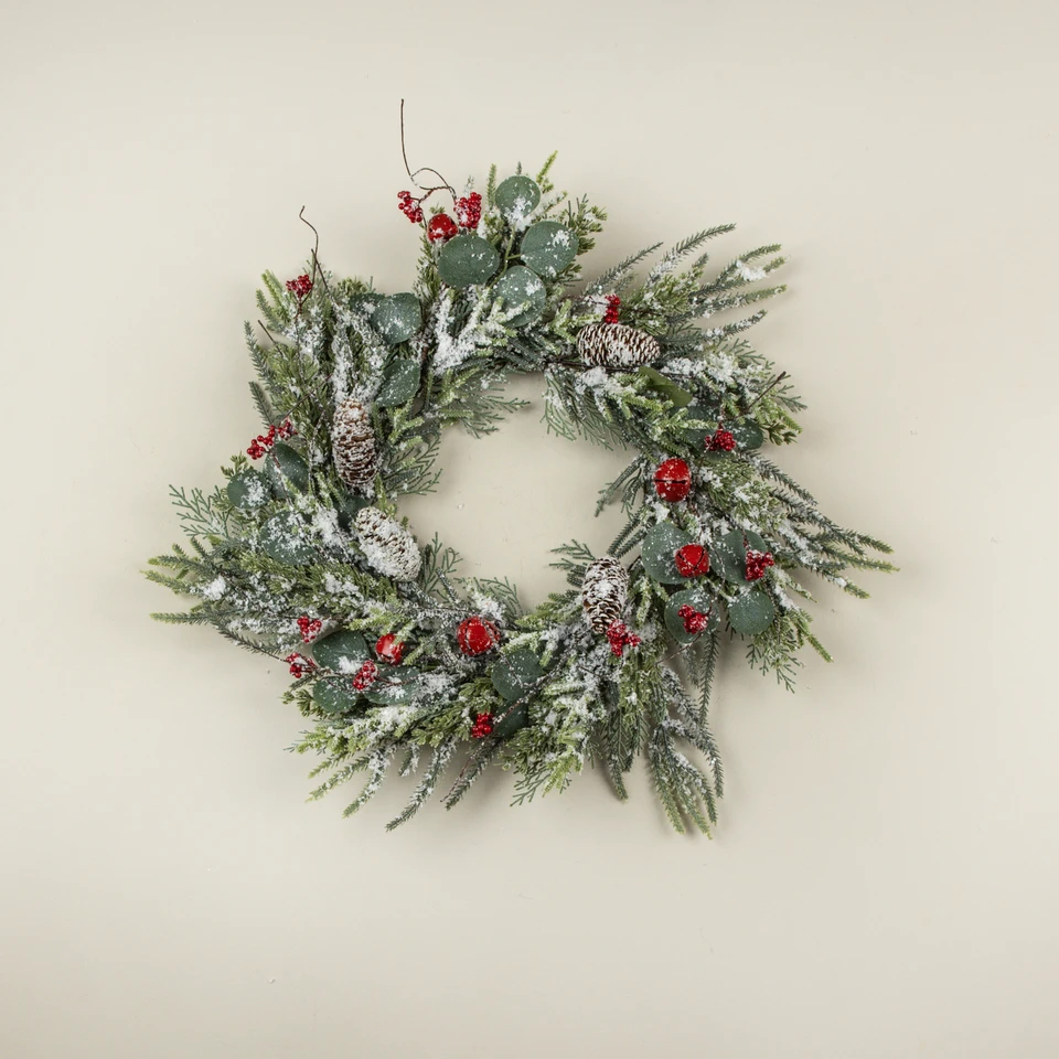 24" SNOWY PINE & CEDAR W/ BELLS & BERRIES WREATH
