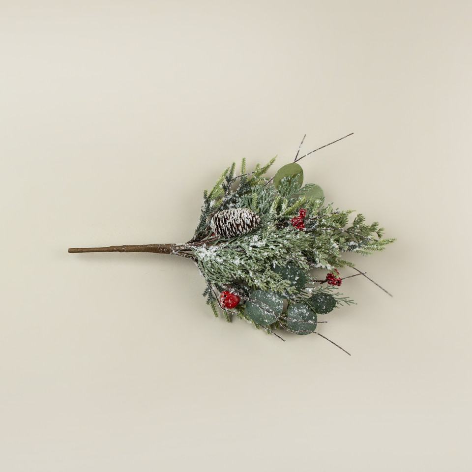 20" SNOWY PINE & CEDAR W/ BELLS & BERRIES BUSH