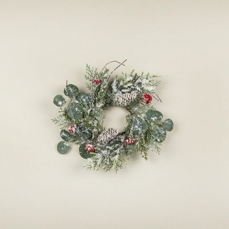 14" SNOWY PINE & CEDAR W/ BELLS & BERRIES CANDLE RING