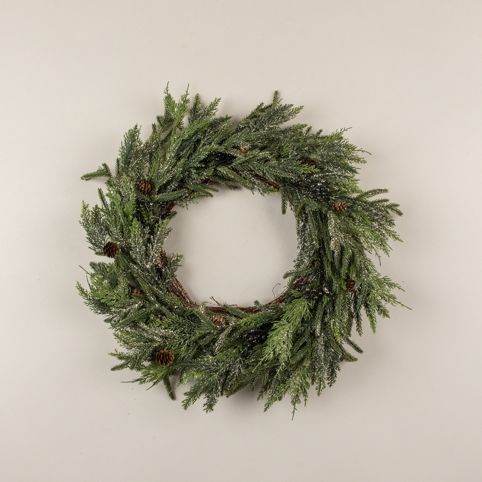 23" GLITTERED JUNIPER, PINECONE & BERRY WREATH