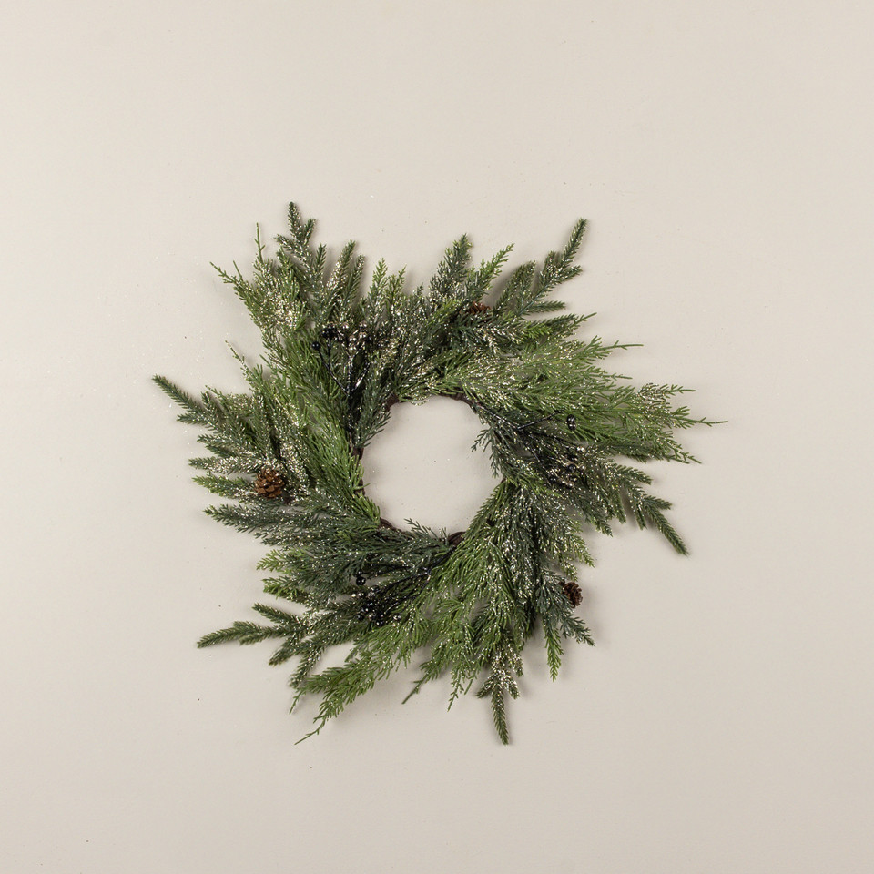 15.5" GLITTERED JUNIPER, PINECONE & BERRY CANDLE RING