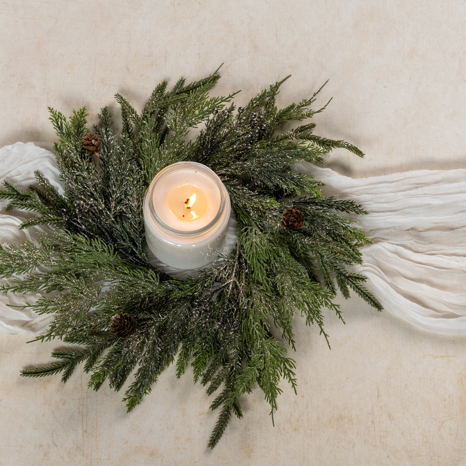 15.5" GLITTERED JUNIPER, PINECONE & BERRY CANDLE RING