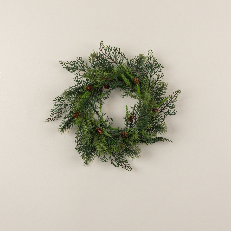 15" ASPARAGUS FERN, SPRUCE & PINE CANDLE RING