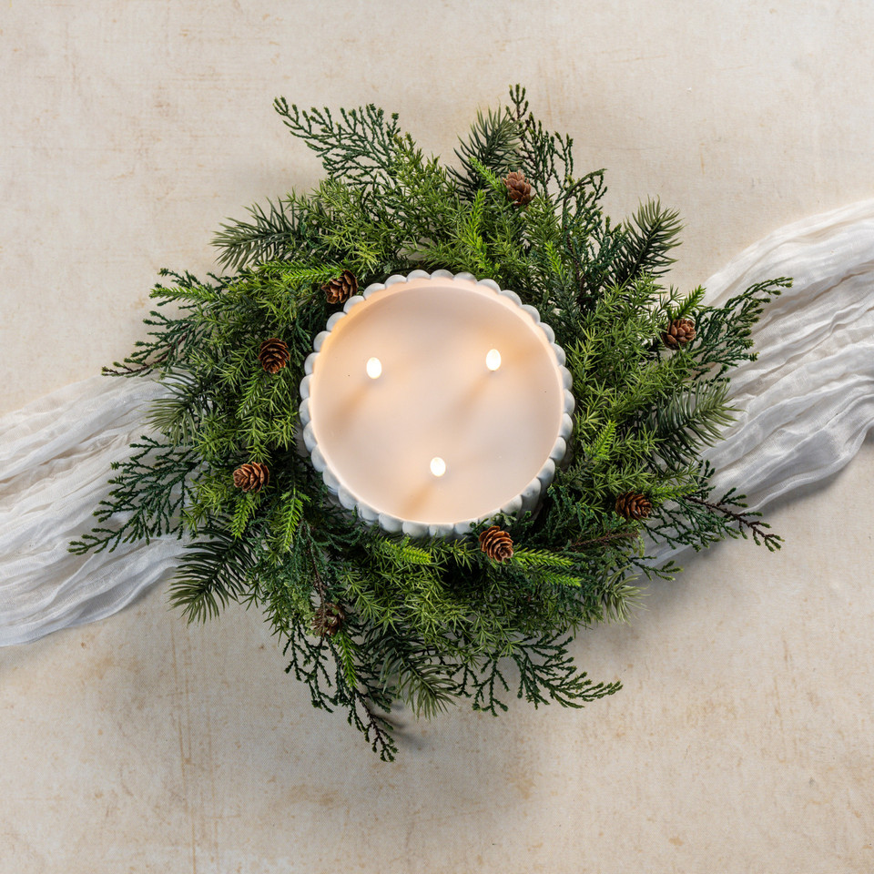 15" ASPARAGUS FERN W/ MINI PINECONES CANDLE RING