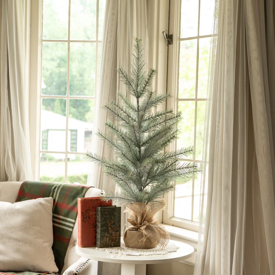 3' GLITTERED PINE TREE W/ BURLAP BASE