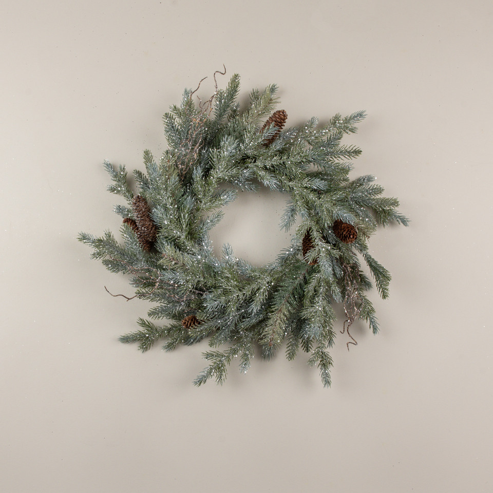 24" GLITTERED PINE & TWIG WREATH