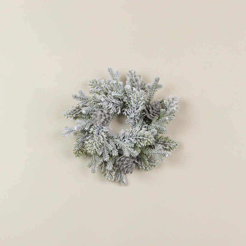 12" GLITTERED PINE & PINECONE CANDLE RING