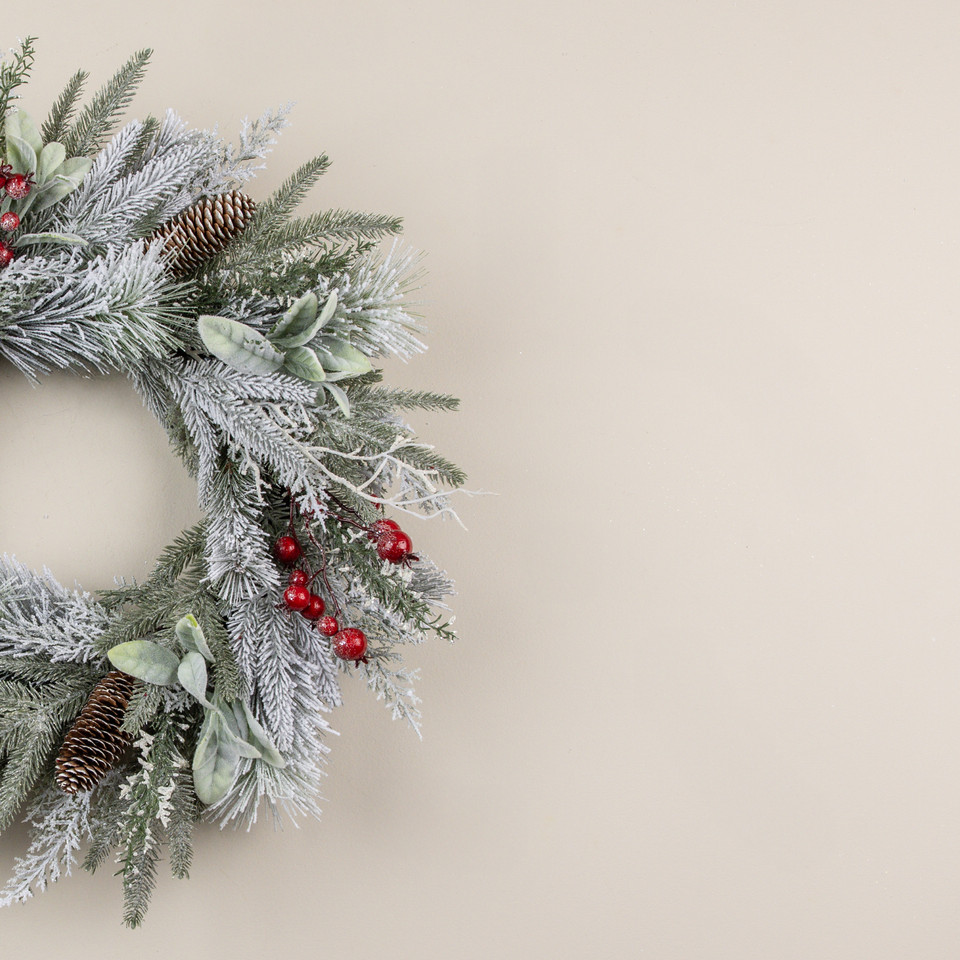 24" SNOW COVERED PINE, LAMB'S EAR & RED BERRY WREATH