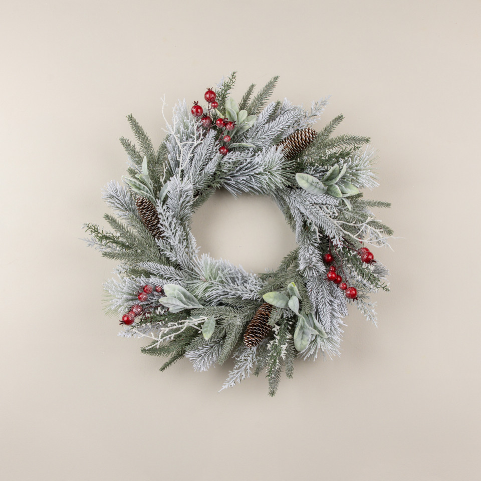 24" SNOW COVERED PINE, LAMB'S EAR & RED BERRY WREATH