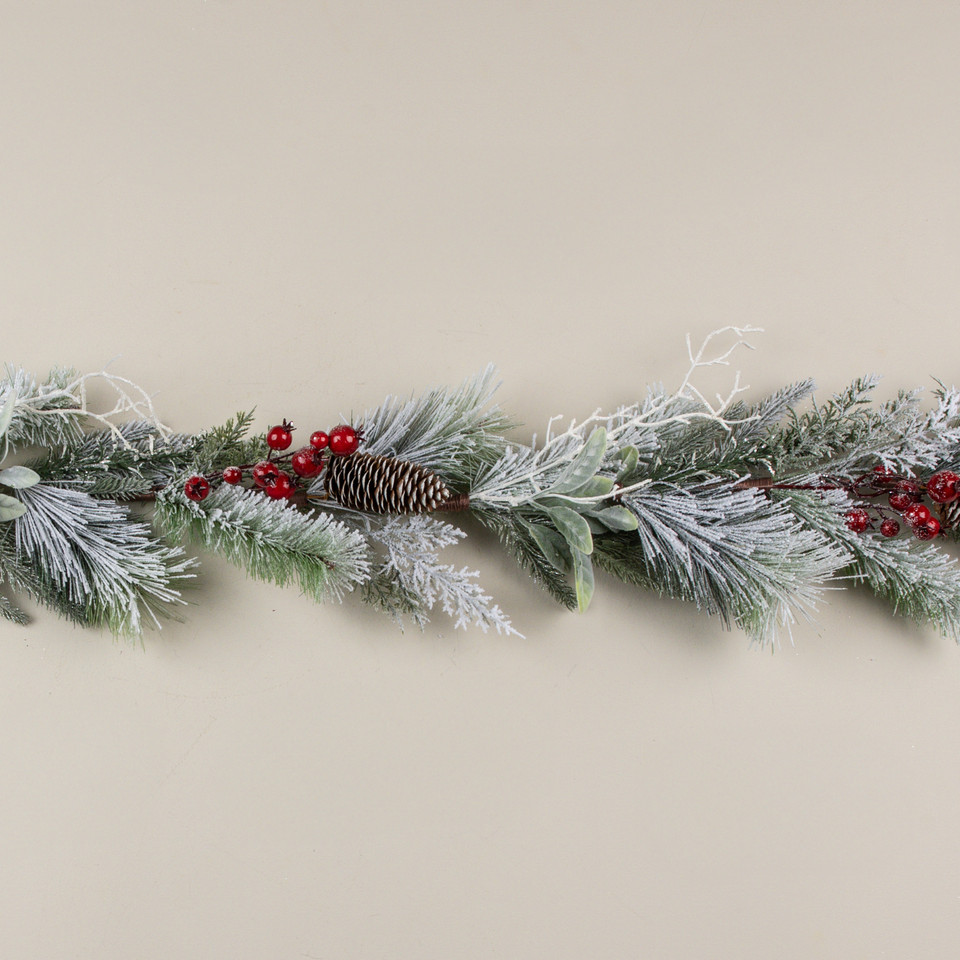 6' SNOW COVERED PINE, LAMB'S EAR & RED BERRY WREATH