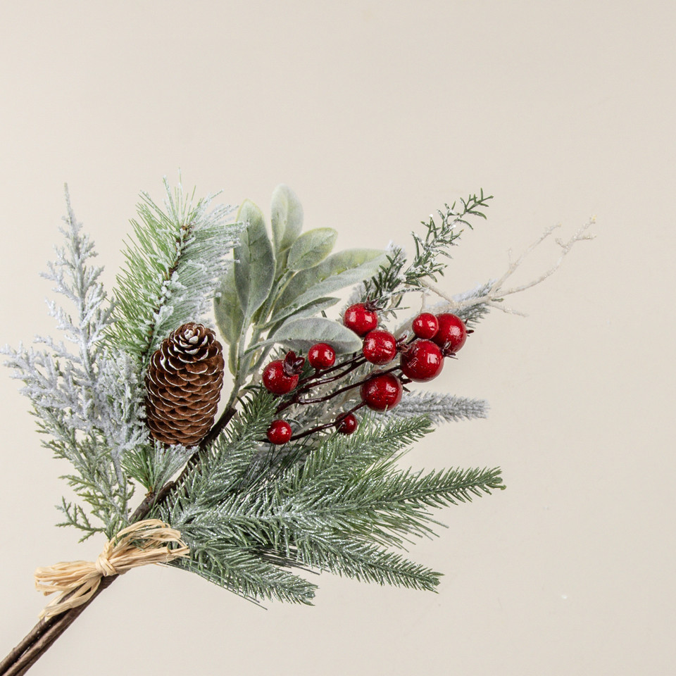 18" SNOW COVERED PINE, LAMB'S EAR & RED BERRY PICK