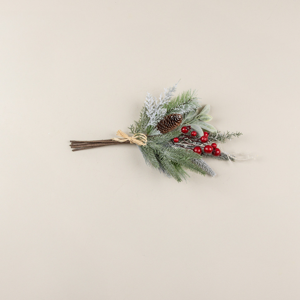 18" SNOW COVERED PINE, LAMB'S EAR & RED BERRY PICK