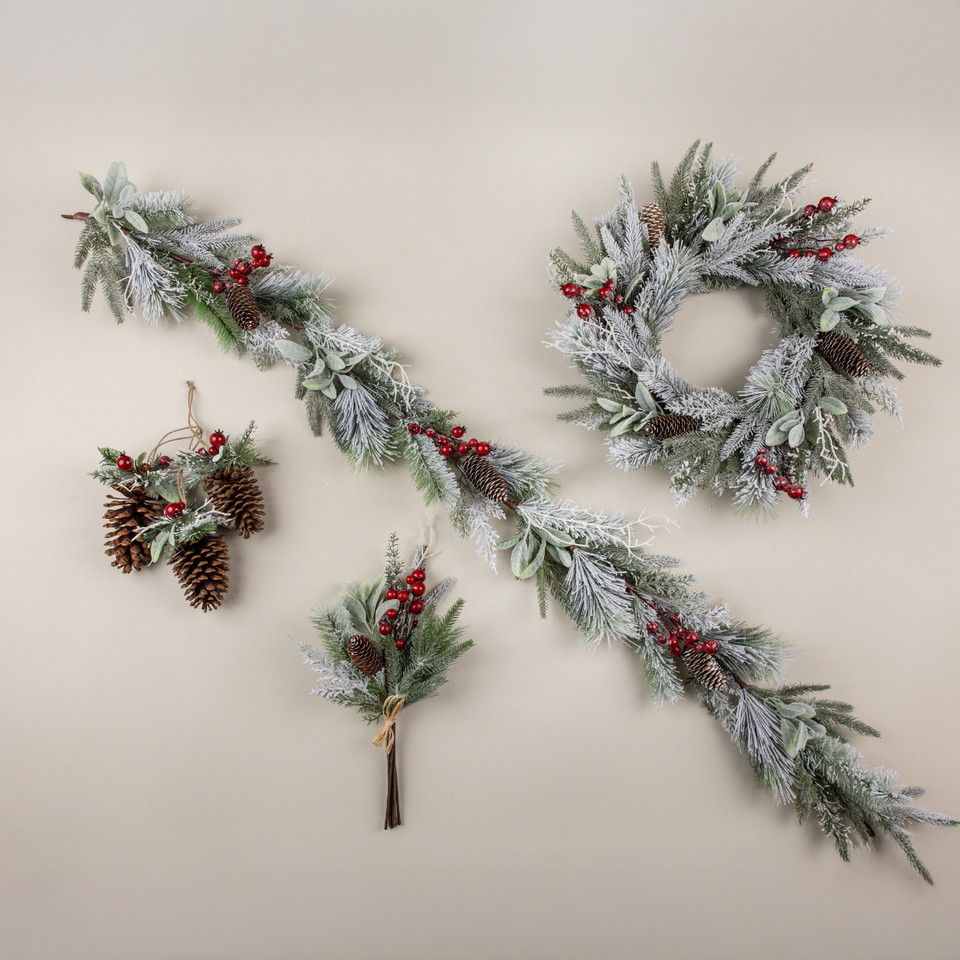 18" SNOW COVERED PINE, LAMB'S EAR & RED BERRY PICK