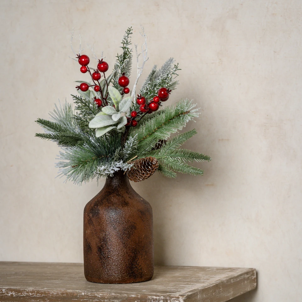 18" SNOW COVERED PINE, LAMB'S EAR & RED BERRY PICK