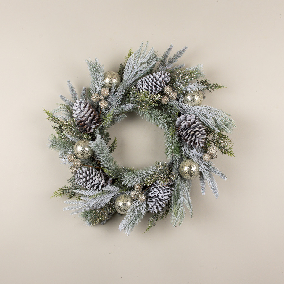 26" FROSTED PINE, GLITTER BALL & PINECONE WREATH