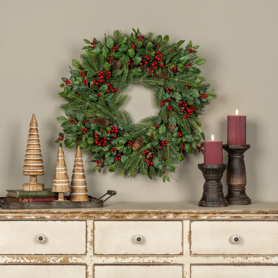 24" HOLLY, PINE & BERRY WREATH