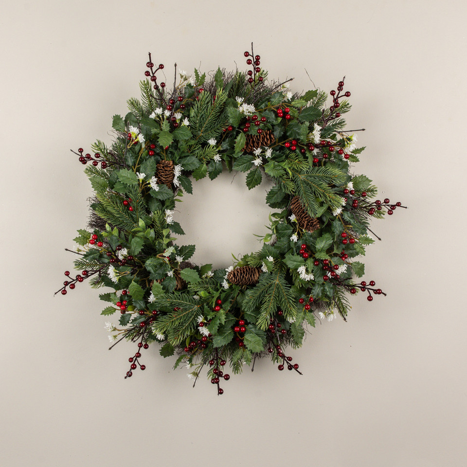 24" HOLLY, PINE, BERRY & WILD JASMINE WREATH