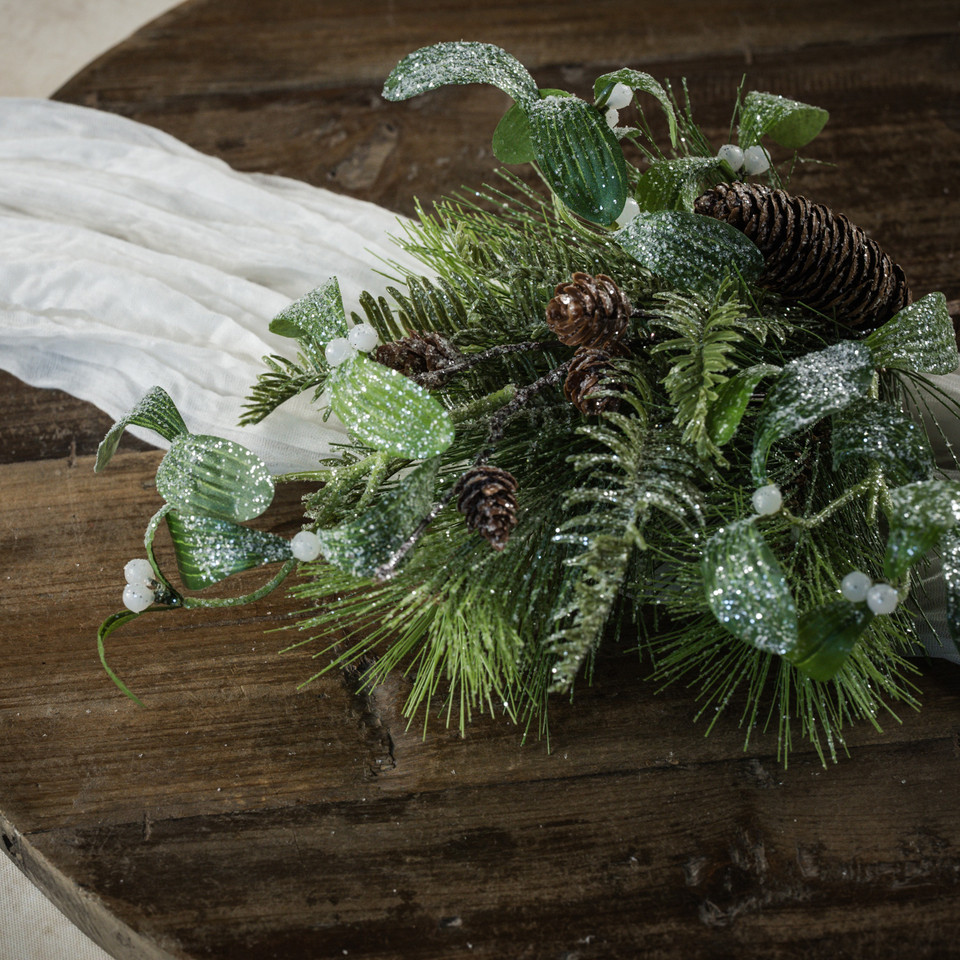 16" FROSTED PINE, HEMLOCK & MISTLETOE PICK