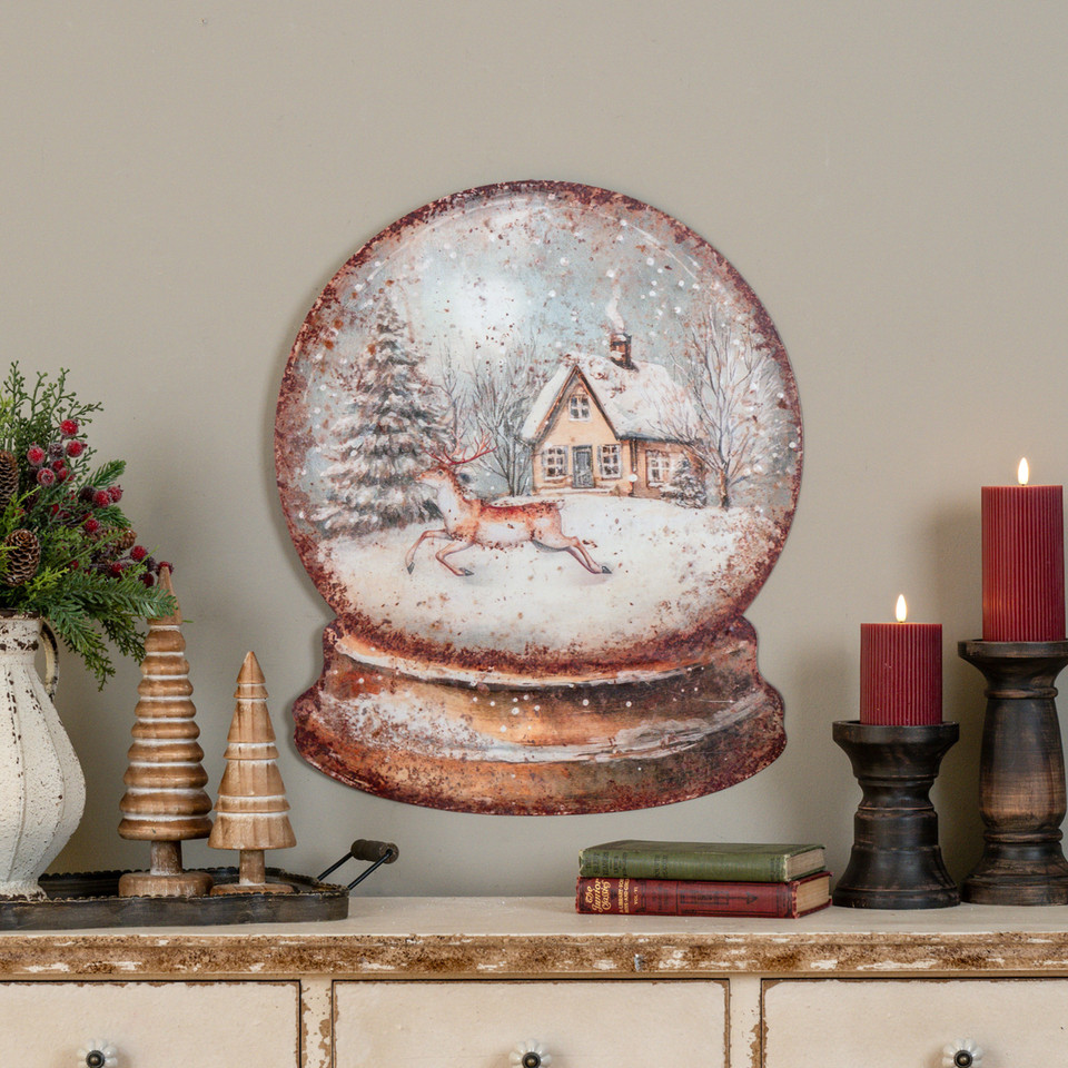 23.5" HOUSE & DEER SNOW GLOBE METAL SIGN