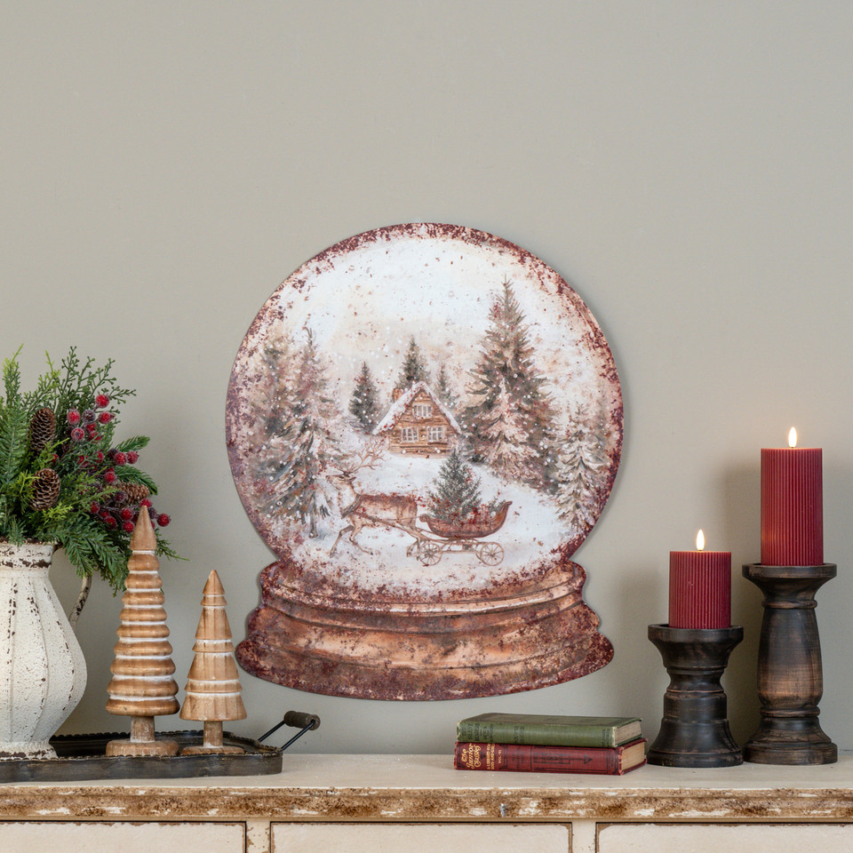 23.5" CABIN & SLED SNOW GLOBE METAL SIGN
