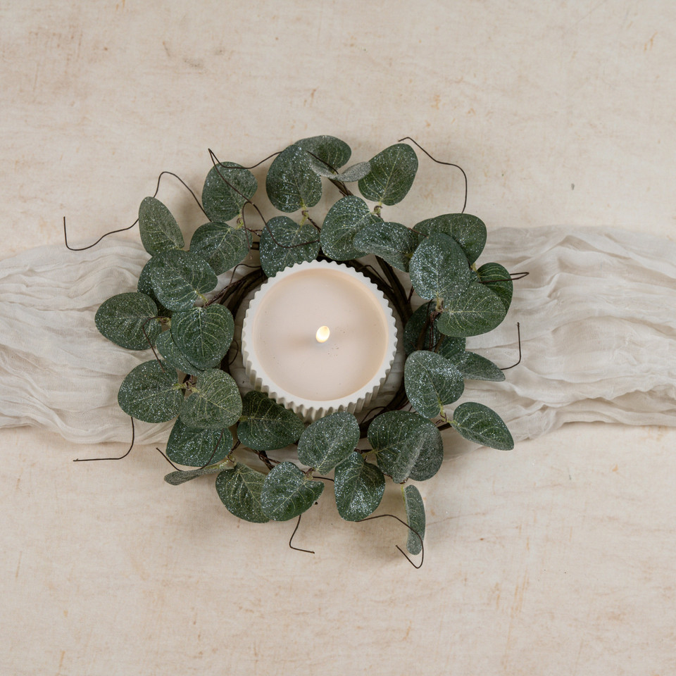 12" GLITTERED EUCALYPTUS & TWIG CANDLE RING