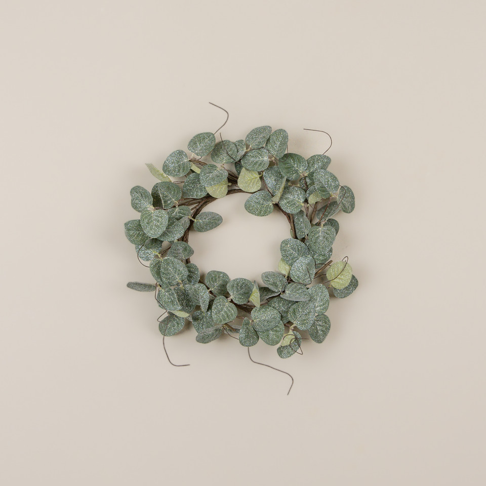 14" GLITTERED EUCALYPTUS & TWIG CANDLE RING