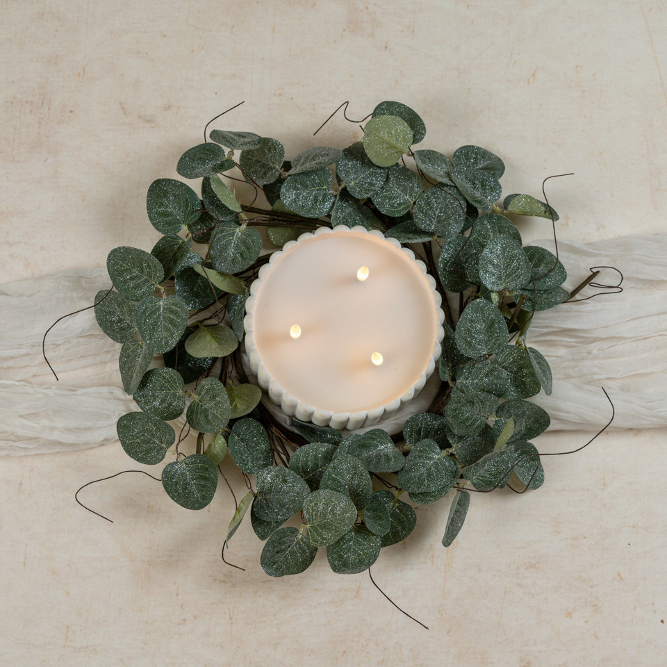 14" GLITTERED EUCALYPTUS & TWIG CANDLE RING