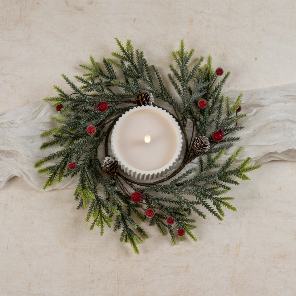 12" MOUNTAIN PINE W/ ICED BERRIES CANDLE RING