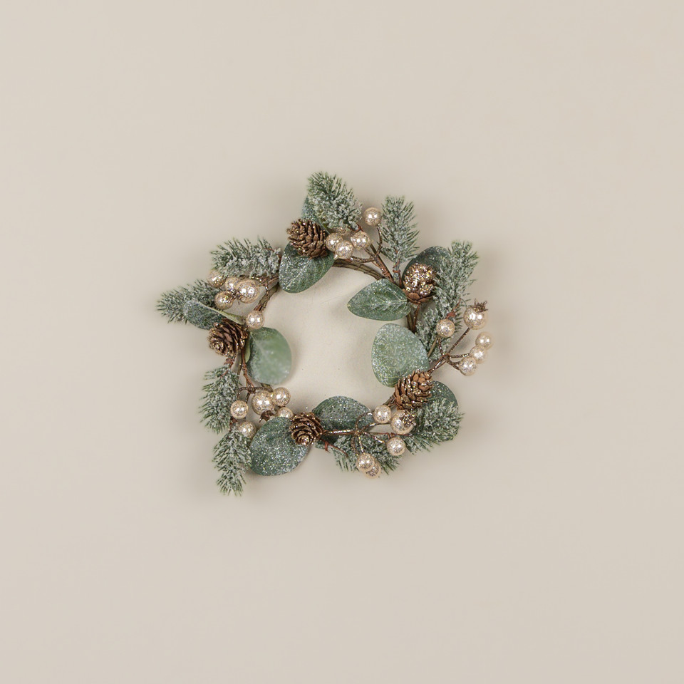 9" GLITTERED GOLD BERRY & PINE CANDLE RING