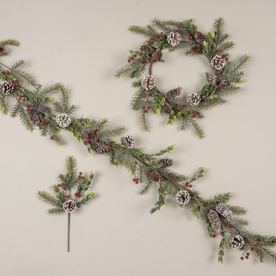 5' GLITTERED PINE W/ RED BERRIES & PINECONE GARLAND