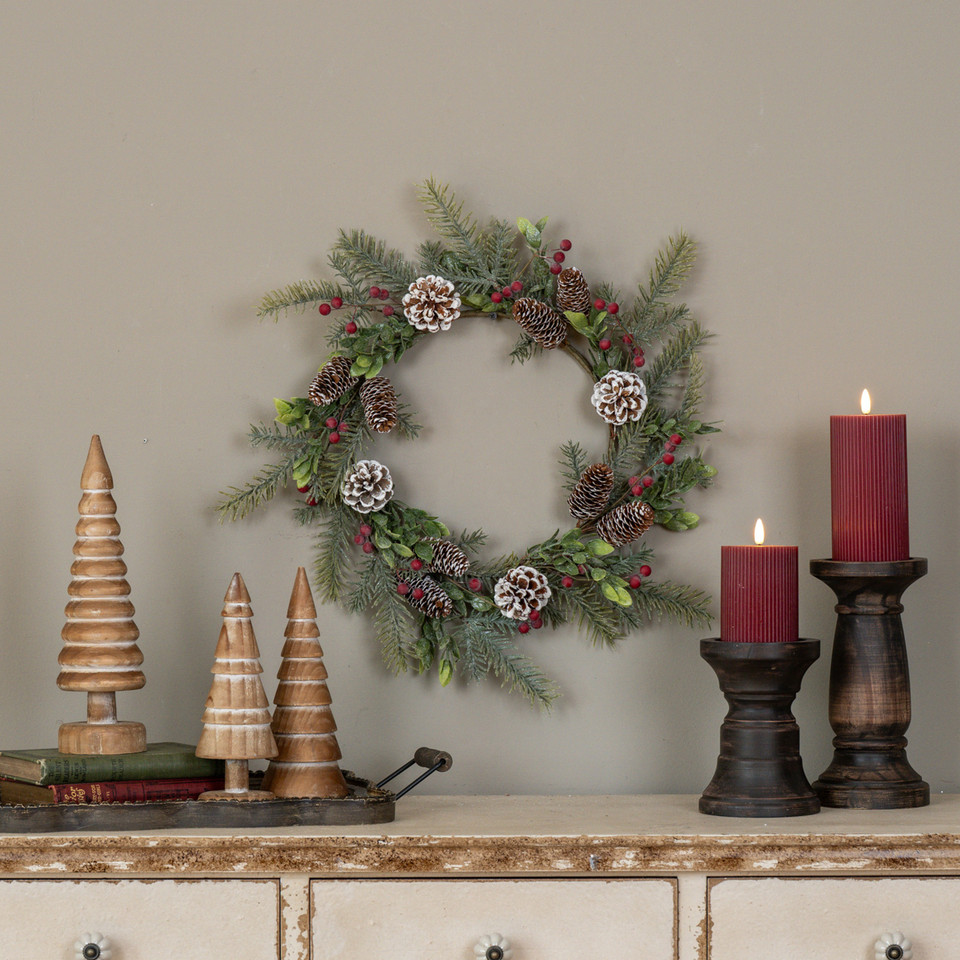 19" GLITTERED PINE W/ RED BERRIES & PINECONE WREATH