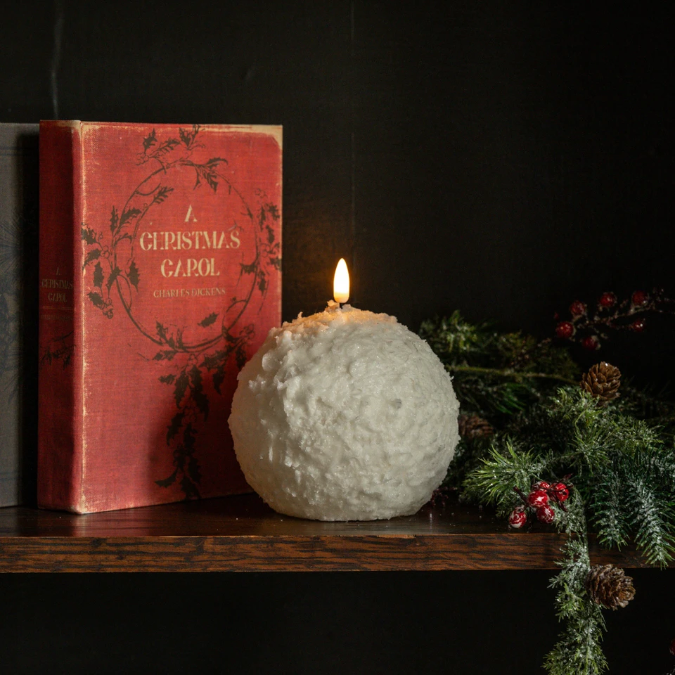 4.5" CREAM SHIMMER 3D FLAME SNOWBALL CANDLE