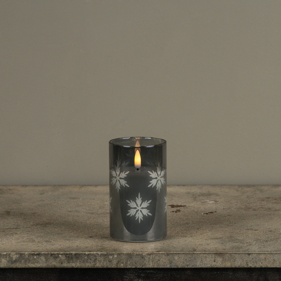 5" CHARCOAL GLASS W/ SNOWFLAKES 3D FLAME CANDLE