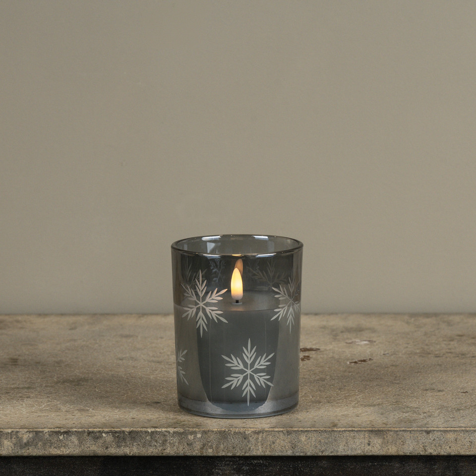 5" CHARCOAL THICK GLASS W/ SNOWFLAKES 3D FLAME CANDLE
