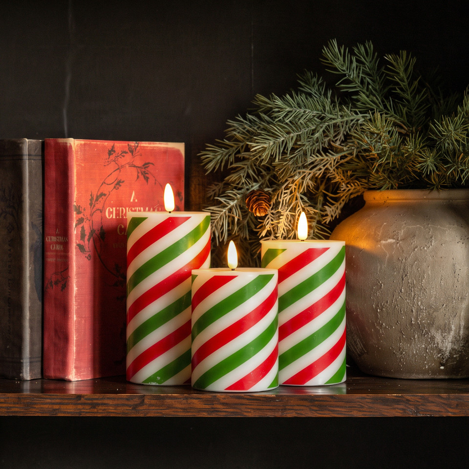4" RED & GREEN CANDY CANE 3D FLAME PILLAR CANDLE