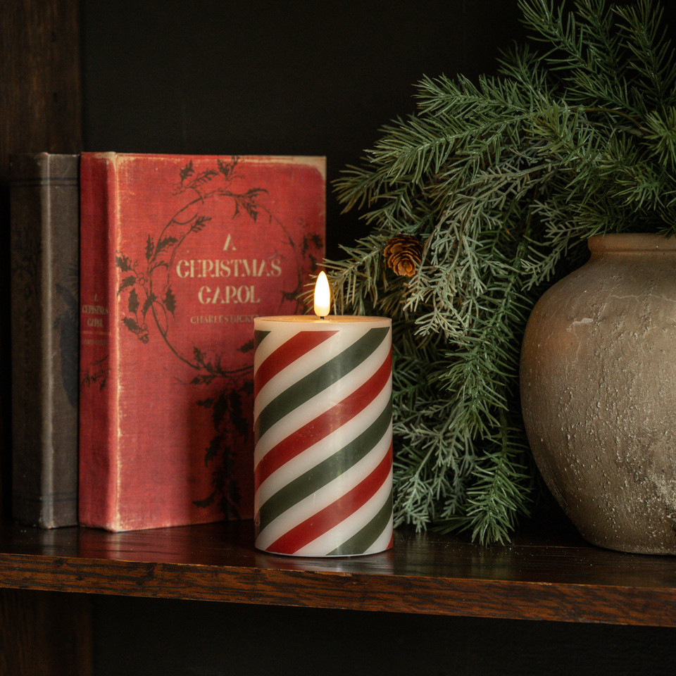 5" RED & GREEN CANDY CANE 3D FLAME PILLAR CANDLE