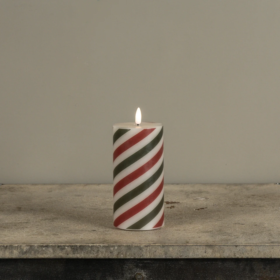 6" RED & GREEN CANDY CANE 3D FLAME PILLAR CANDLE