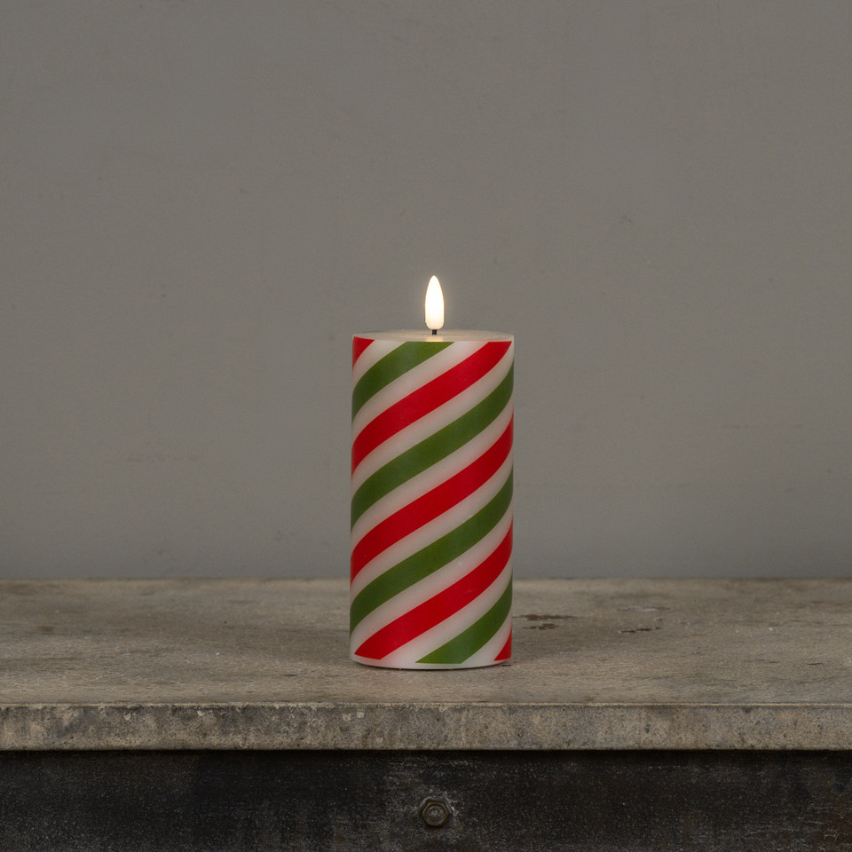 6" RED & GREEN CANDY CANE 3D FLAME PILLAR CANDLE