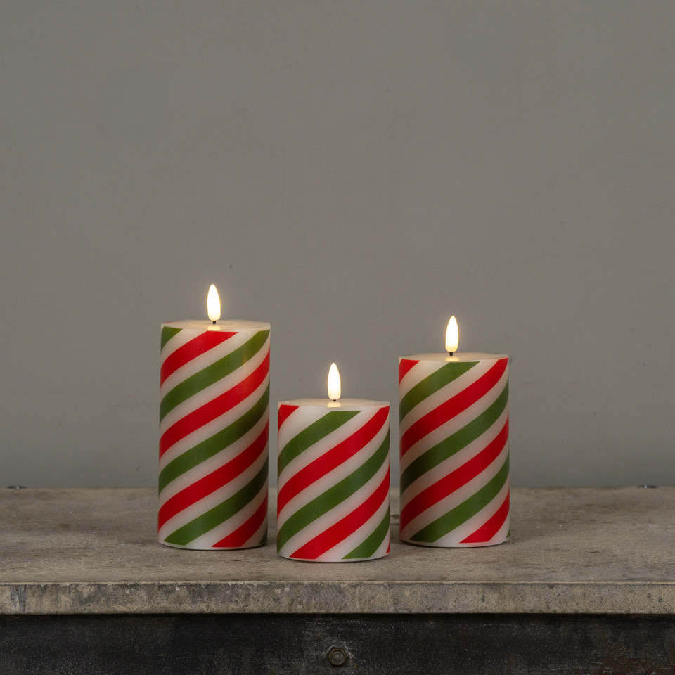 6" RED & GREEN CANDY CANE 3D FLAME PILLAR CANDLE