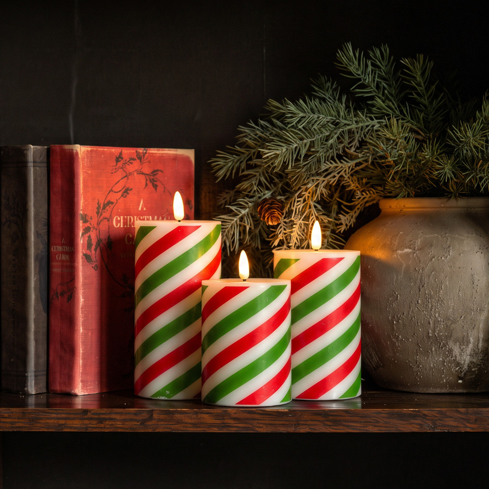 6" RED & GREEN CANDY CANE 3D FLAME PILLAR CANDLE