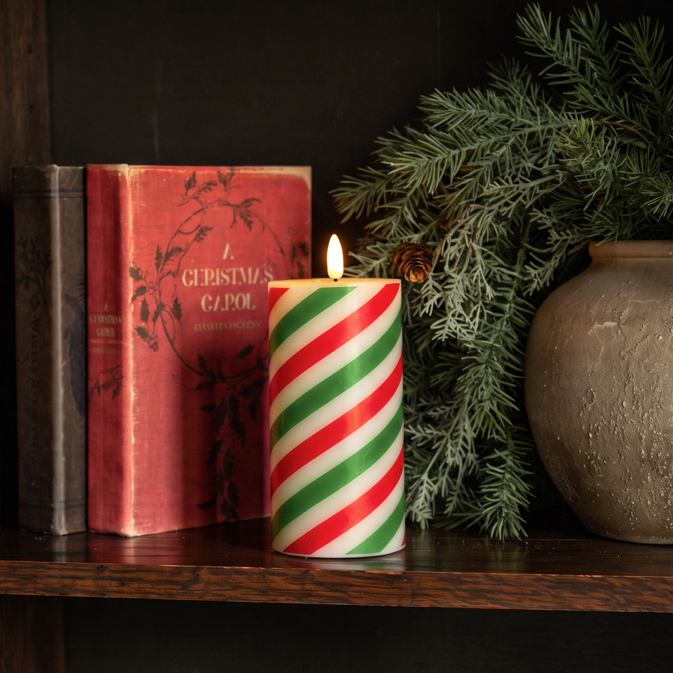 6" RED & GREEN CANDY CANE 3D FLAME PILLAR CANDLE