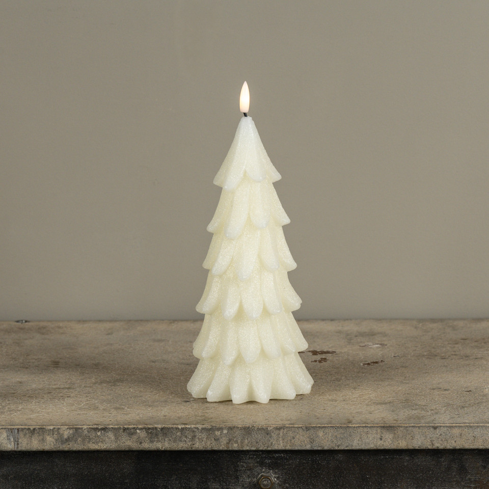 9.25" CREAM SHIMMER 3D FLAME ALABASTER PINE TREE CANDLE