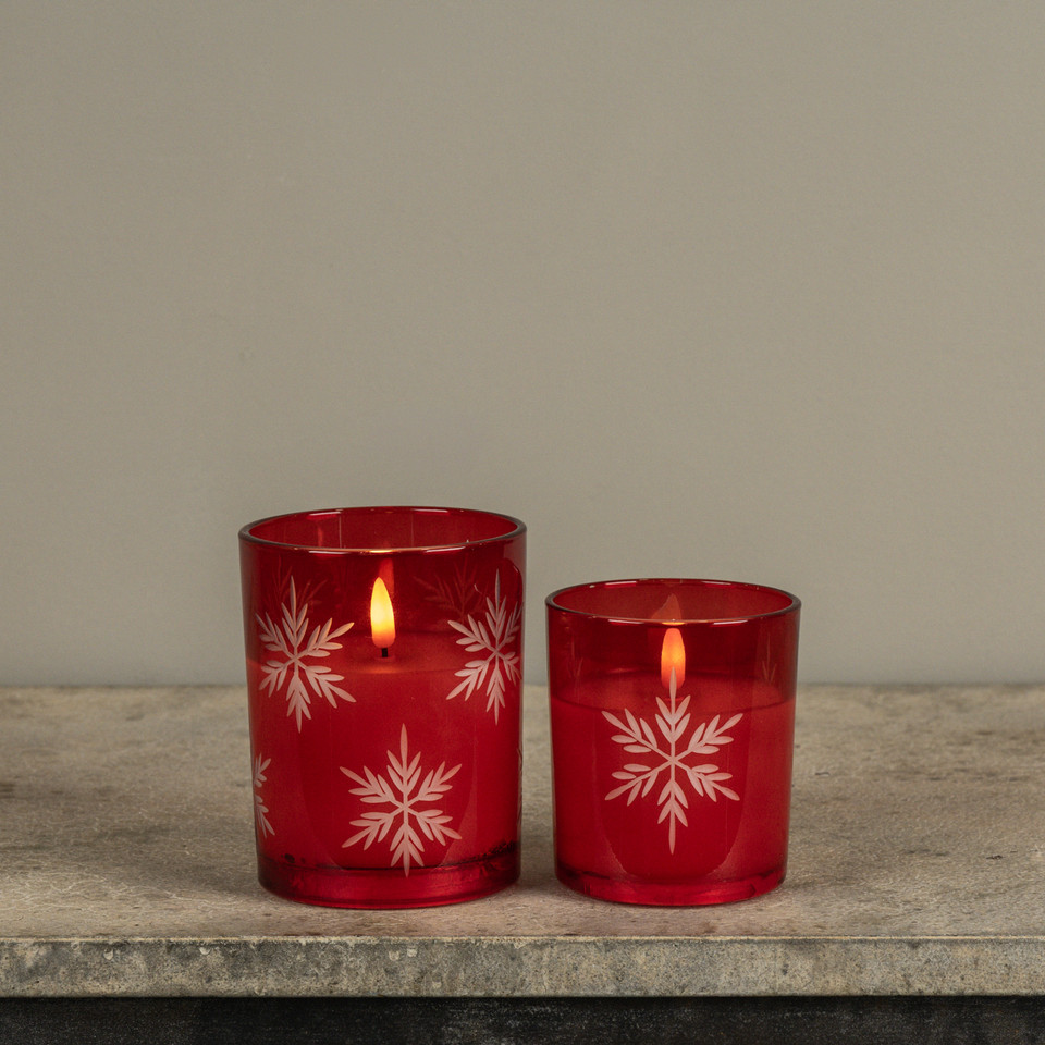 4" RED THICK GLASS W/ SNOWFLAKES 3D FLAME CANDLE